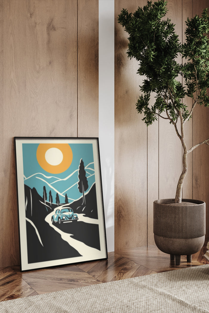 Vintage style travel poster featuring a classic car on a mountain road with sun and trees