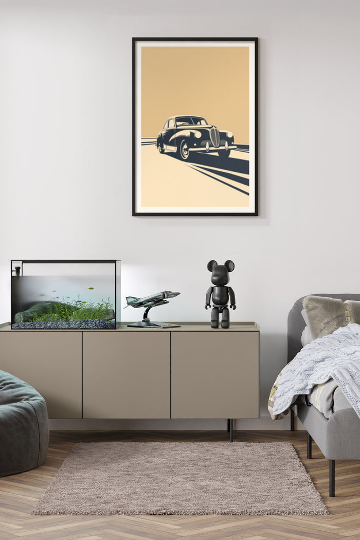 Vintage stylized car artwork poster in modern home interior setting