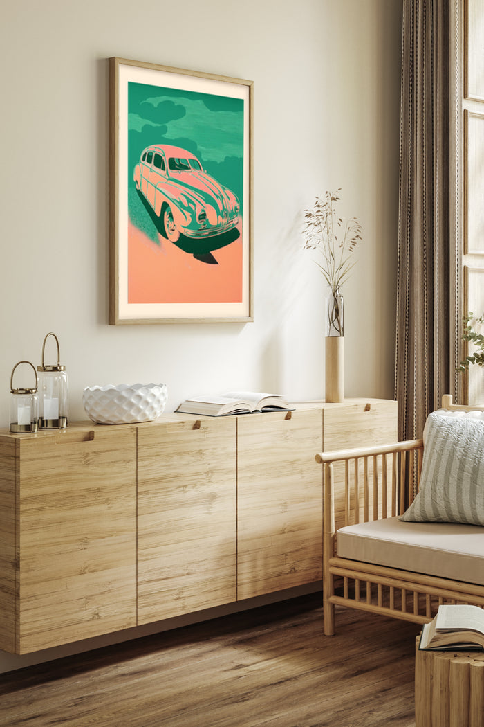Retro style vintage car poster in modern home interior