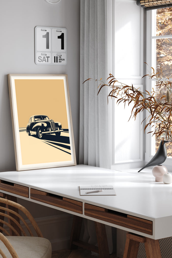 An artistic vintage car poster displayed in a contemporary styled room