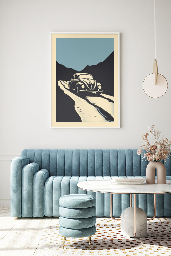 Vintage car poster artwork displayed in a stylish modern living room interior setting