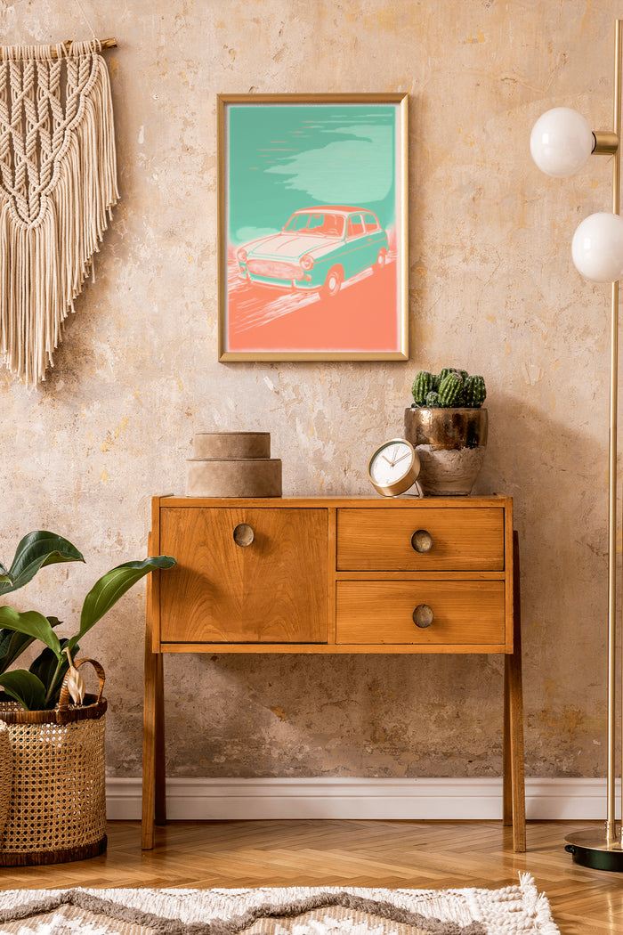 Vintage retro car poster framed on a bohemian chic interior wall above a wooden console table with plants and decorative items