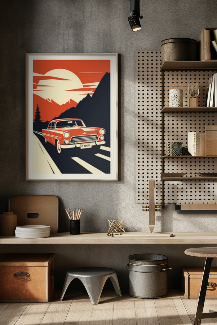Stylish vintage car poster with sunset and mountain background displayed in a contemporary room setting