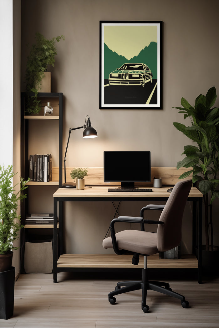 Vintage style car poster displayed in a stylish home office setup