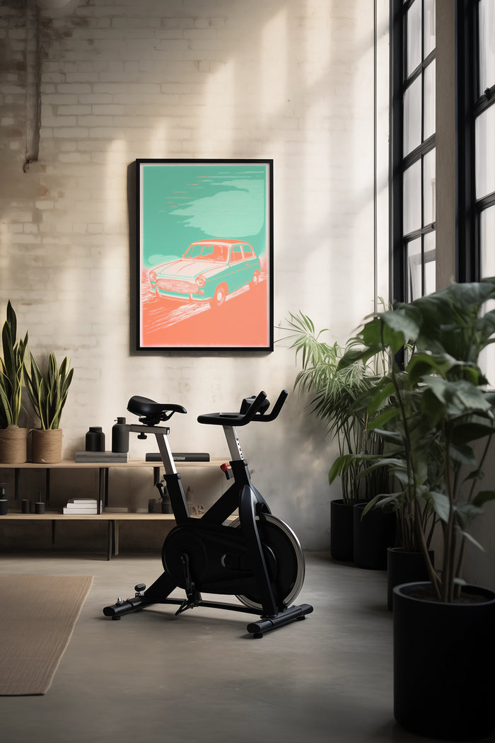 Vintage red car poster in stylish interior with indoor plants and exercise bicycle