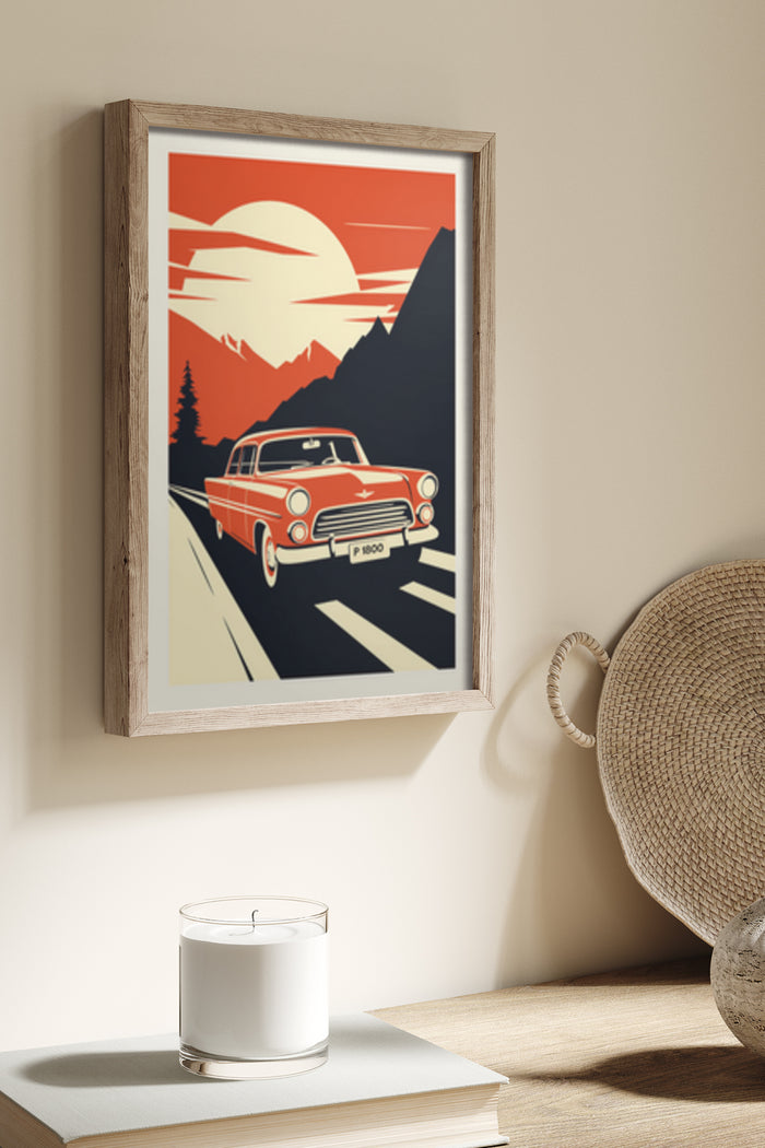 Vintage style poster of a red car driving towards sunset with mountainous background