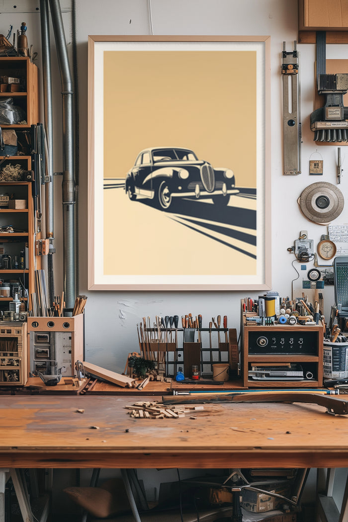 Vintage Style Car Poster in Retro Art Design Displayed in Workshop