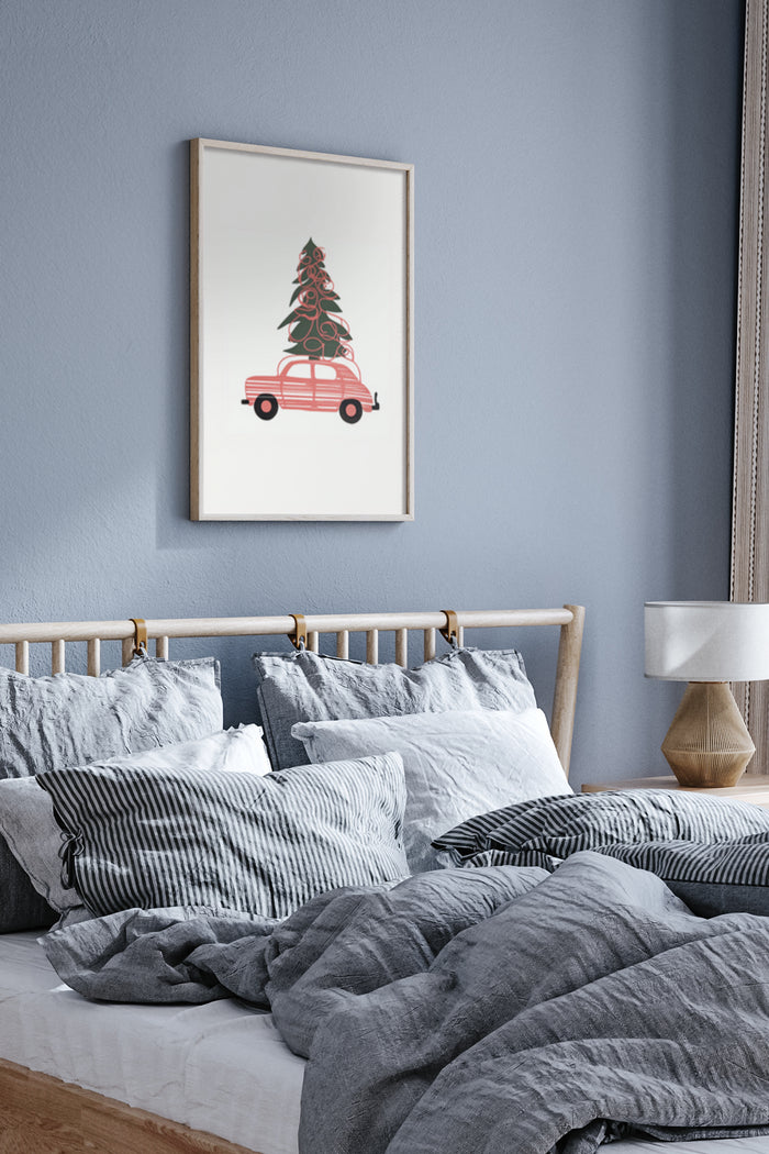 Vintage red car with Christmas tree on top poster displayed in a stylish bedroom setting