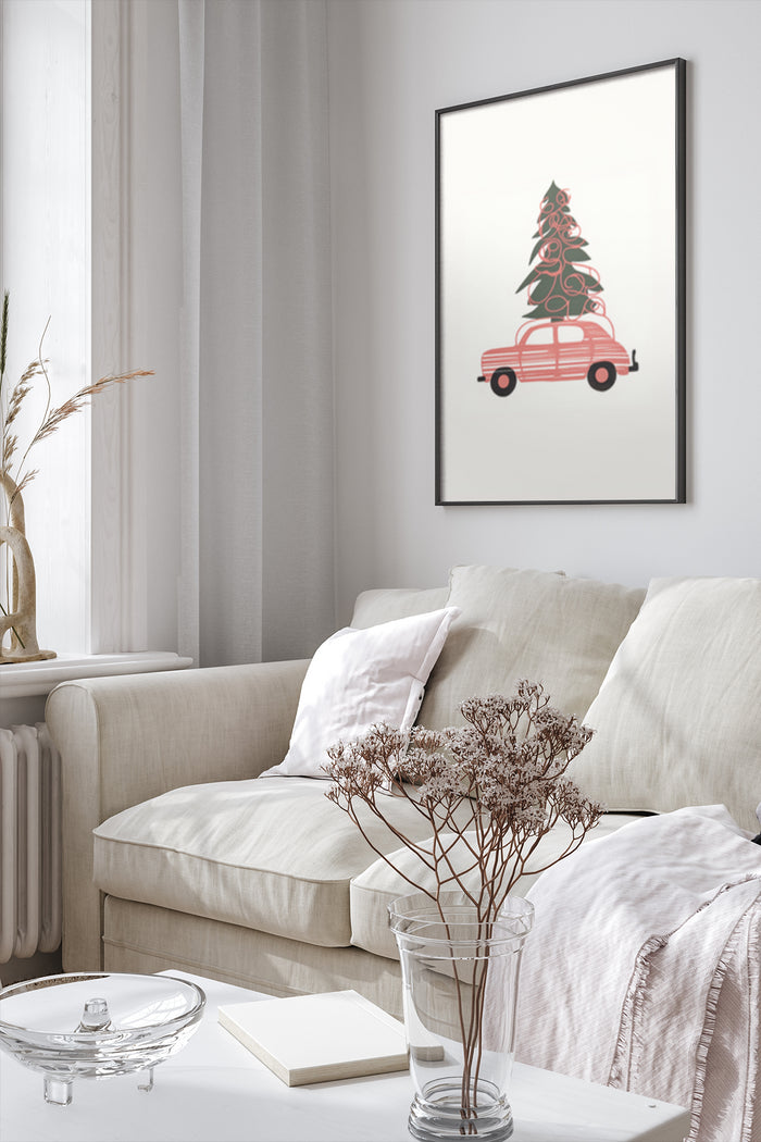Modern living room with a framed poster of a vintage car carrying a Christmas tree