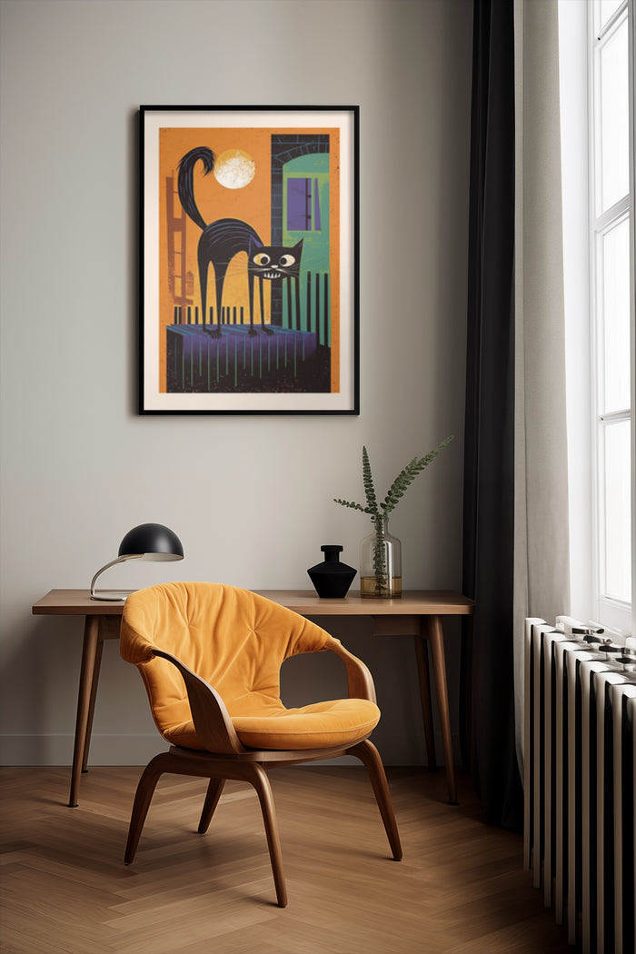 Vintage stylized cat poster with vibrant colors on wall in a contemporary room with stylish yellow chair