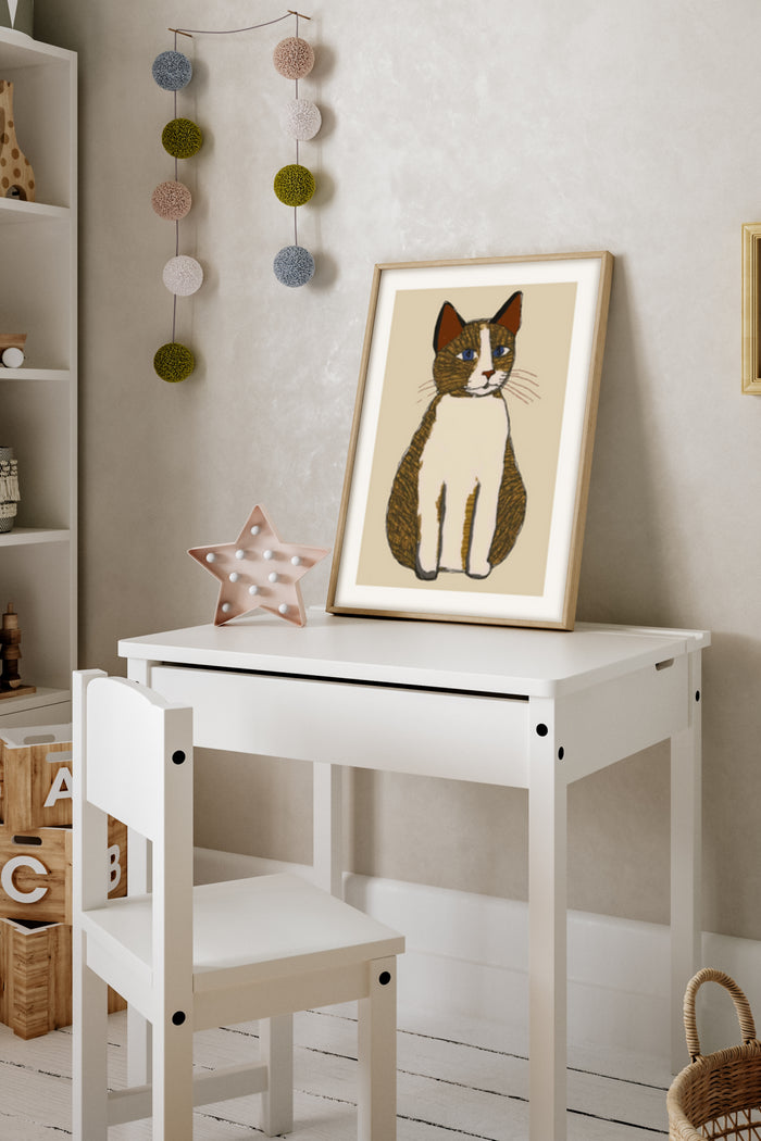 Vintage stylized cat poster framed on a wall in a child's room with decorative elements