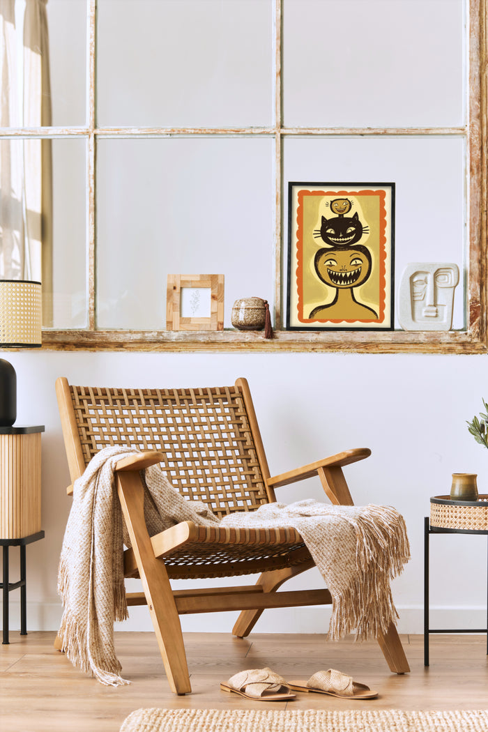 Vintage yellow and black cat poster in stylish modern living room setting