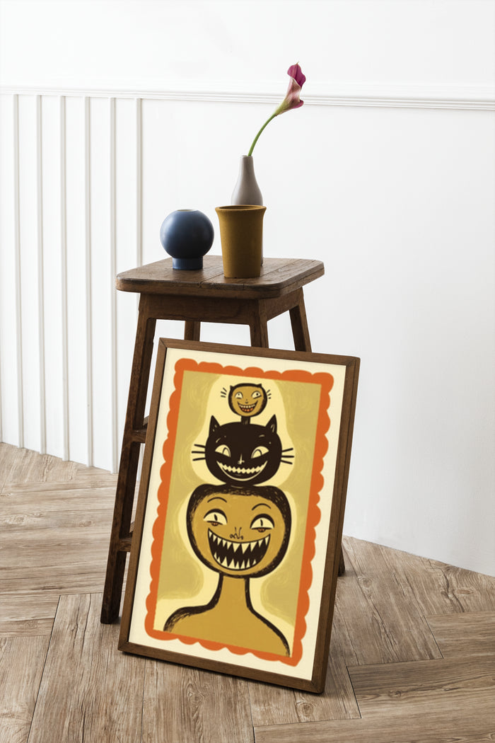Retro style totem illustration with stacked smiling cats poster in wooden frame on stool