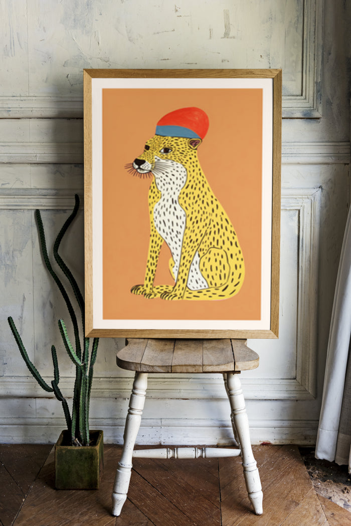 Vintage styled illustration of a cheetah wearing a red hat on a poster in an interior setting