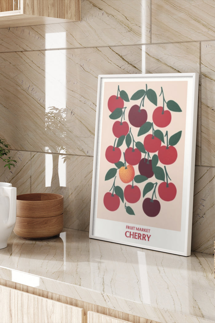 Vintage Cherry Poster from Fruit Market Art Collection Displayed on Wall