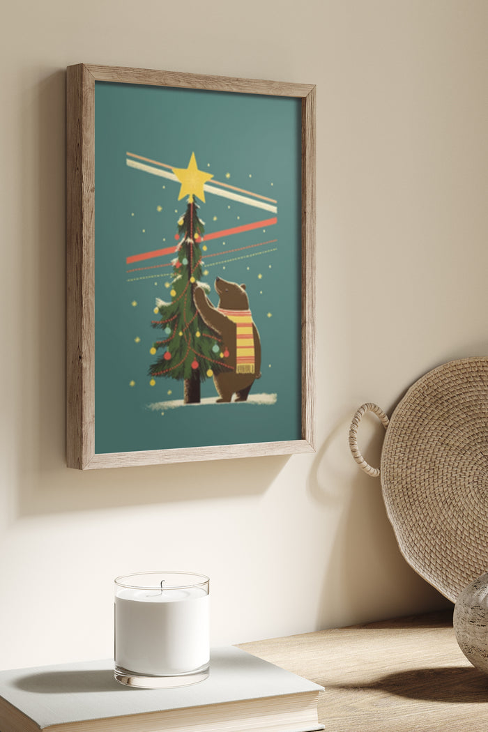 Vintage style Christmas poster with an illustration of a bear decorating a Christmas tree