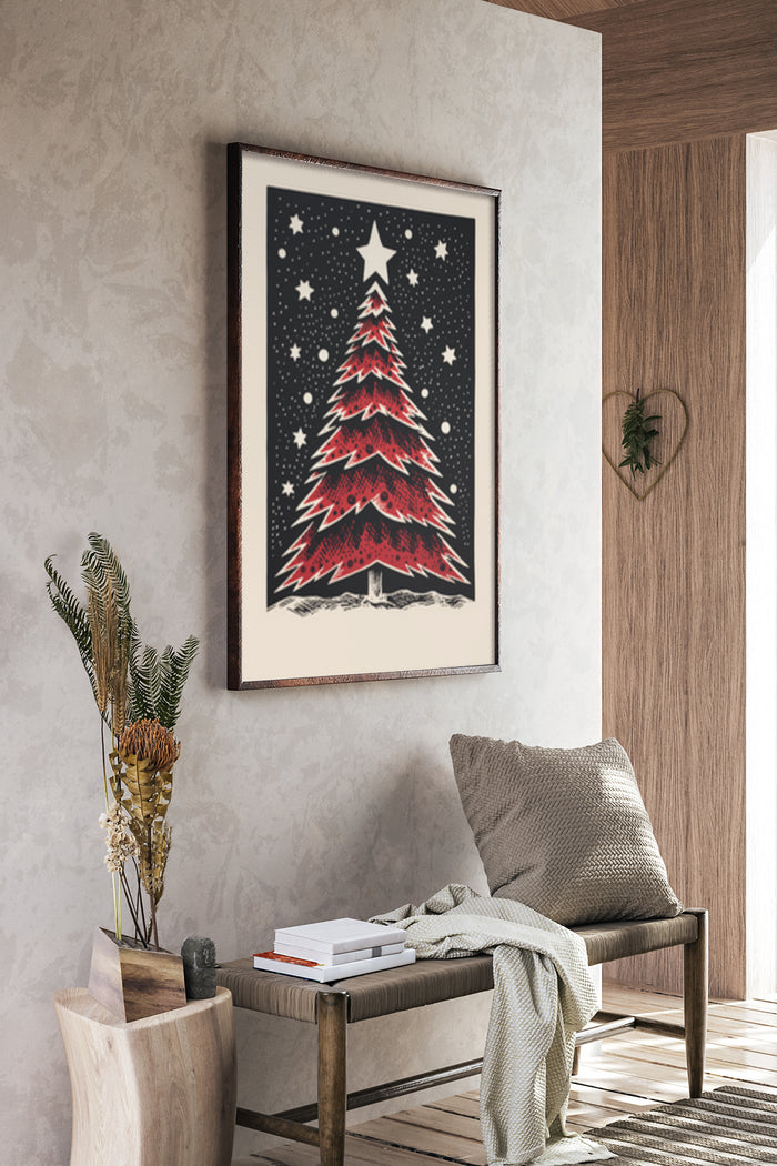 Vintage Christmas tree poster with stars in a cozy interior decor setting