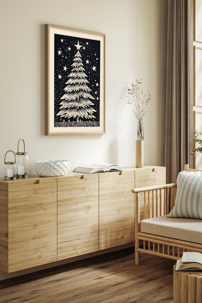 Vintage style Christmas tree poster framed on a wall in a contemporary living room setting