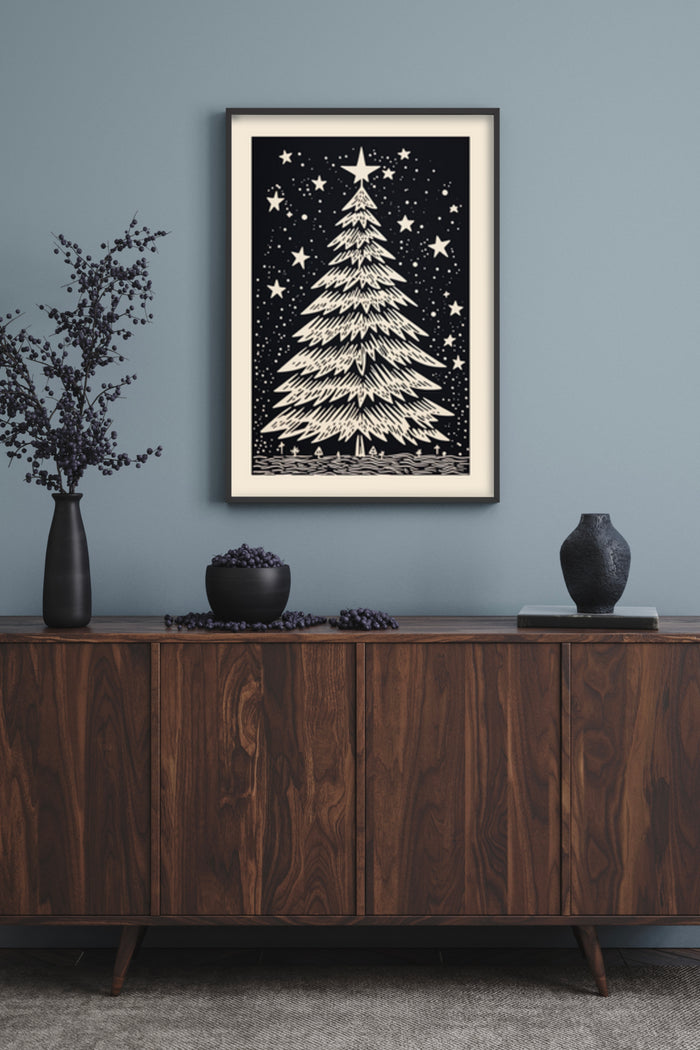 Vintage black and white Christmas tree poster in modern living room