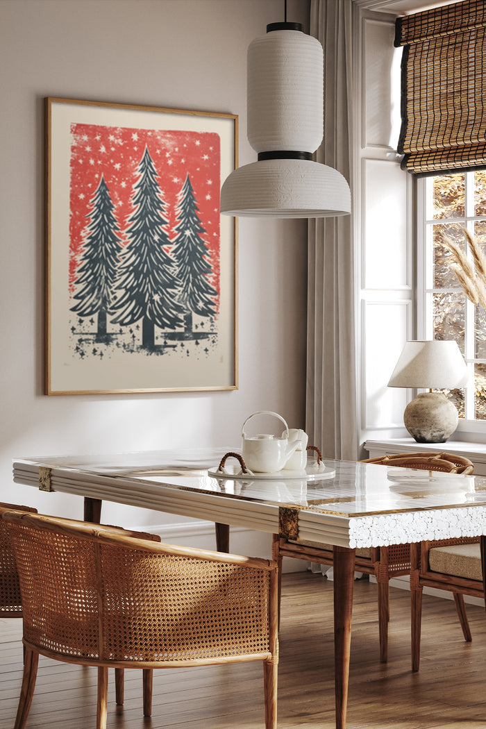 Vintage Christmas Trees Art Poster Displayed in Modern Dining Room
