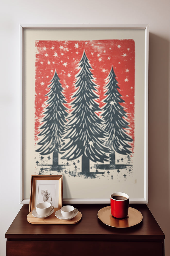 Vintage Christmas Trees Poster in Red and White Displayed on Wall