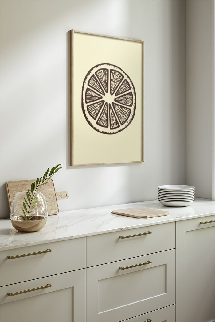 Vintage style citrus fruit artwork in modern kitchen setting for home decor inspiration