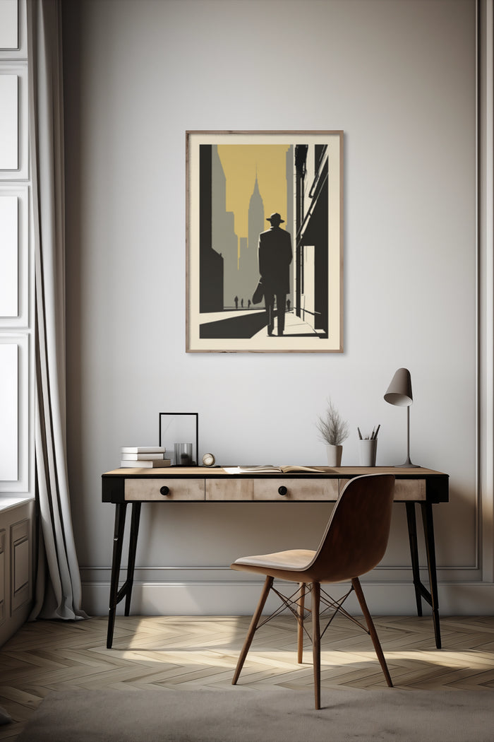 Vintage style poster of a man in silhouette against a cityscape hanging on a wall above a stylish home office desk