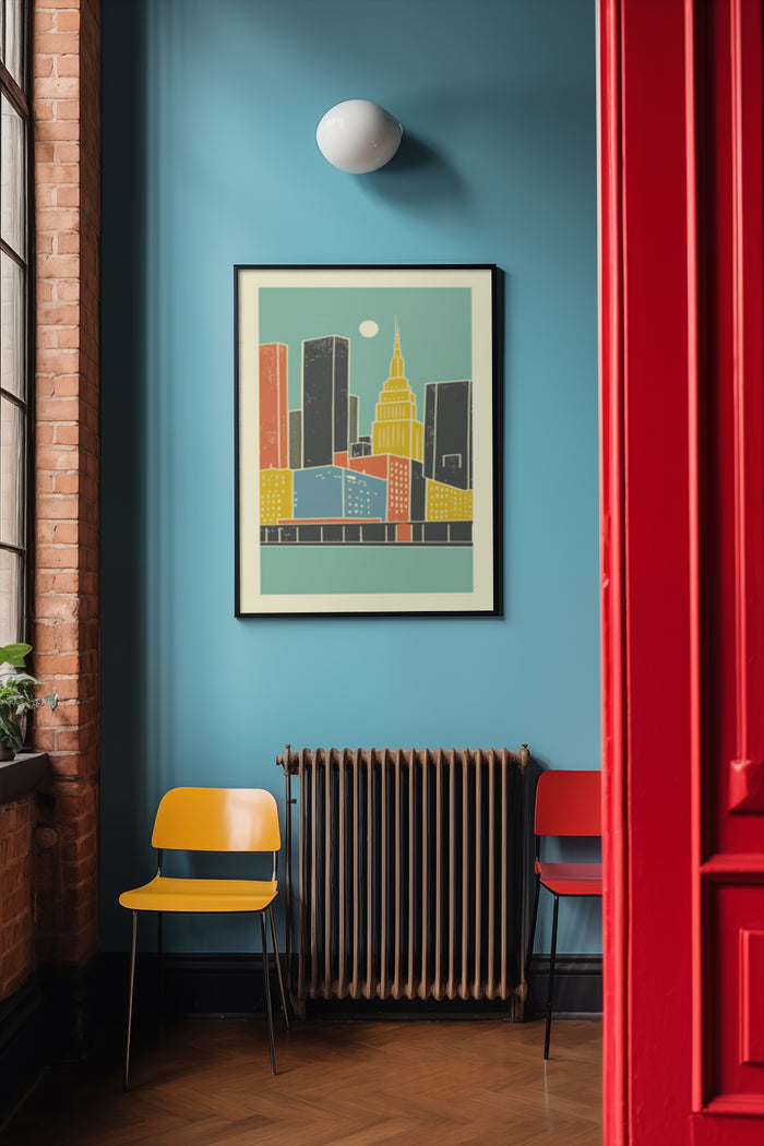 Colorful vintage cityscape poster framed on a blue wall in stylish interior setting