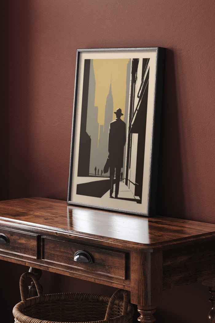 Vintage cityscape poster with silhouette of a man and skyscrapers in sepia tones displayed on a wooden sideboard