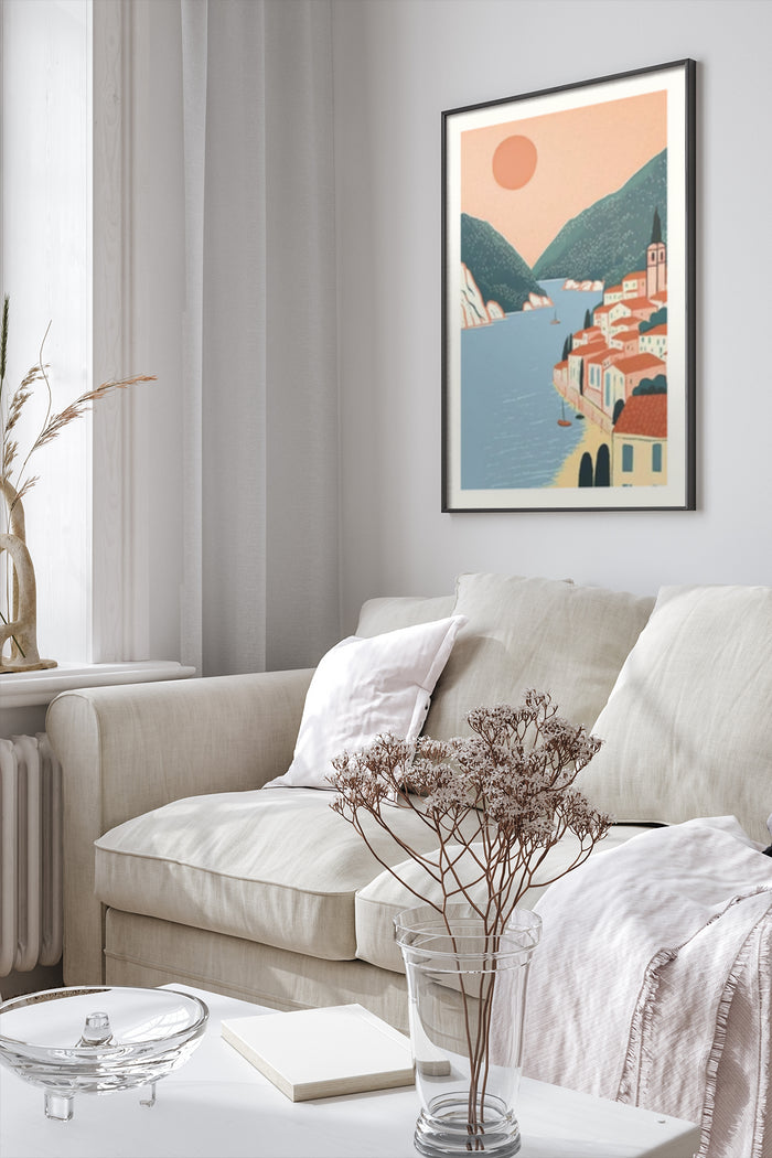 Vintage style coastal town landscape poster framed in a modern living room setting