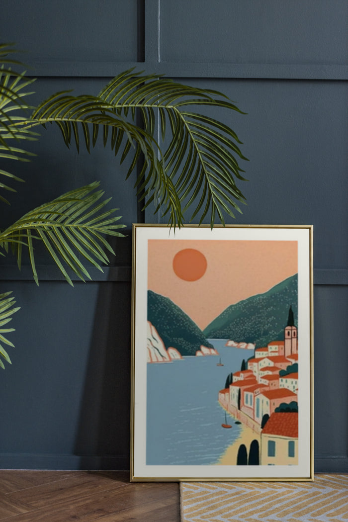 Vintage coastal sunset poster with Mediterranean town and palm leaves in stylish interior