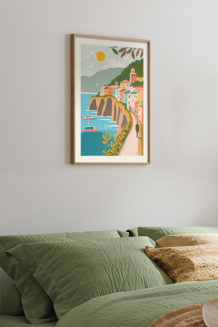 Coastal Mediterranean vintage travel poster featuring small village, sunny sky, and sailboats
