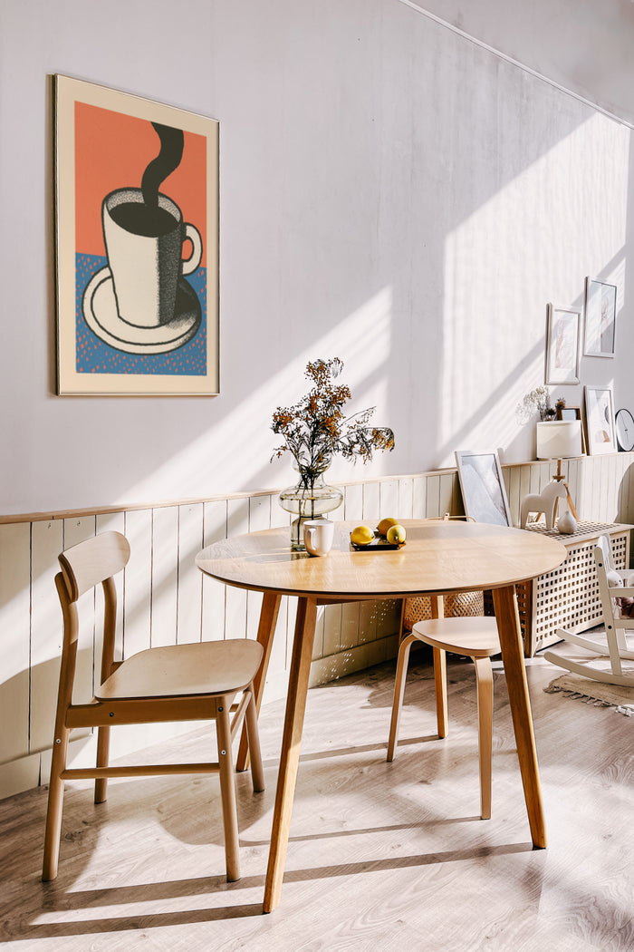 Retro style coffee cup poster on wall of contemporary cafe with natural lighting and wooden furniture