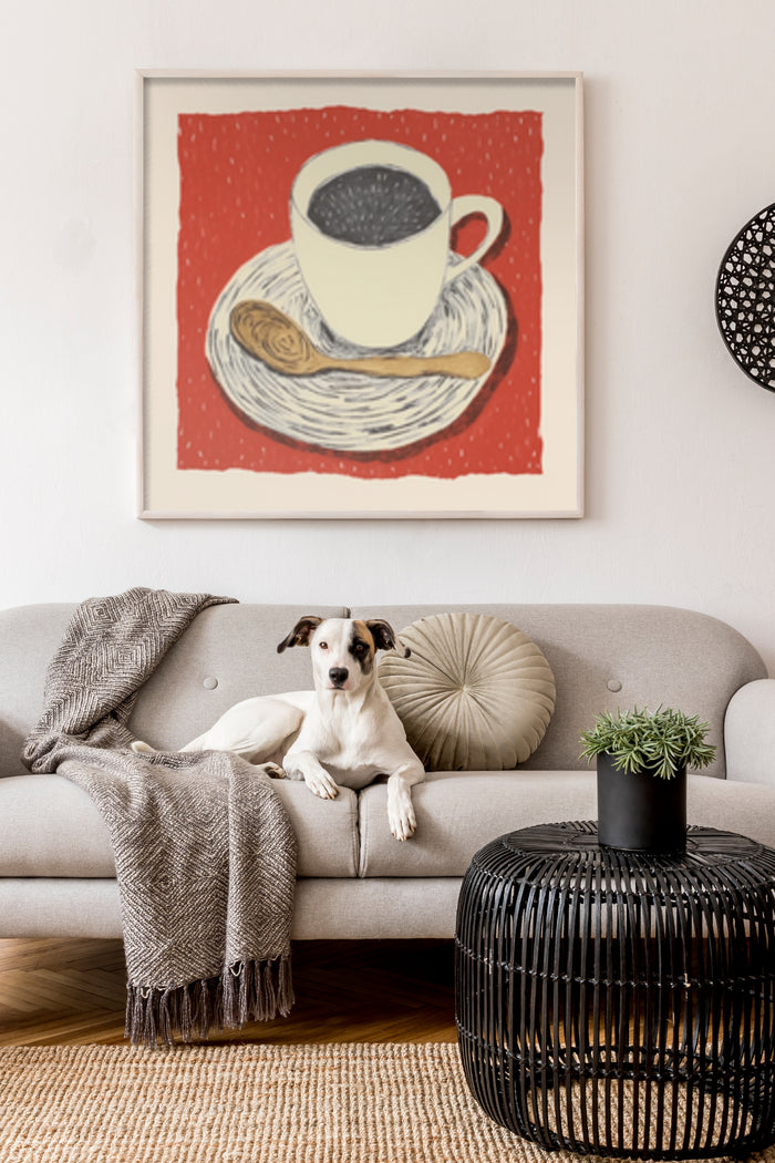 Vintage red and cream coffee cup wall art poster in stylish living room with dog on couch
