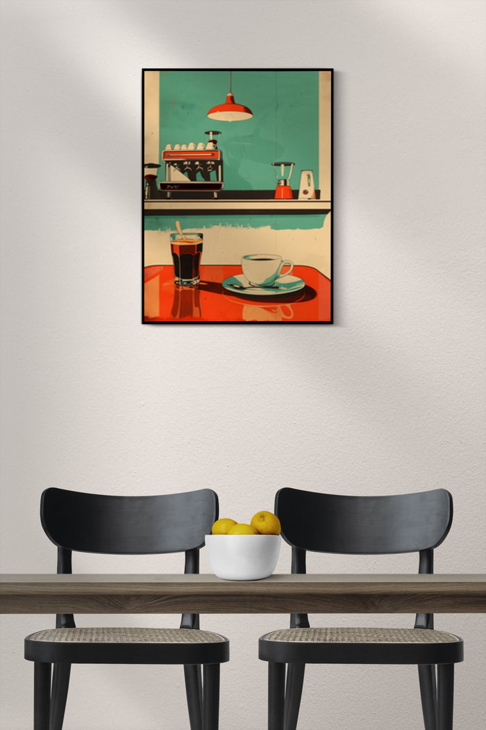 Vintage styled poster of a coffee machine and cup in a modern room decor