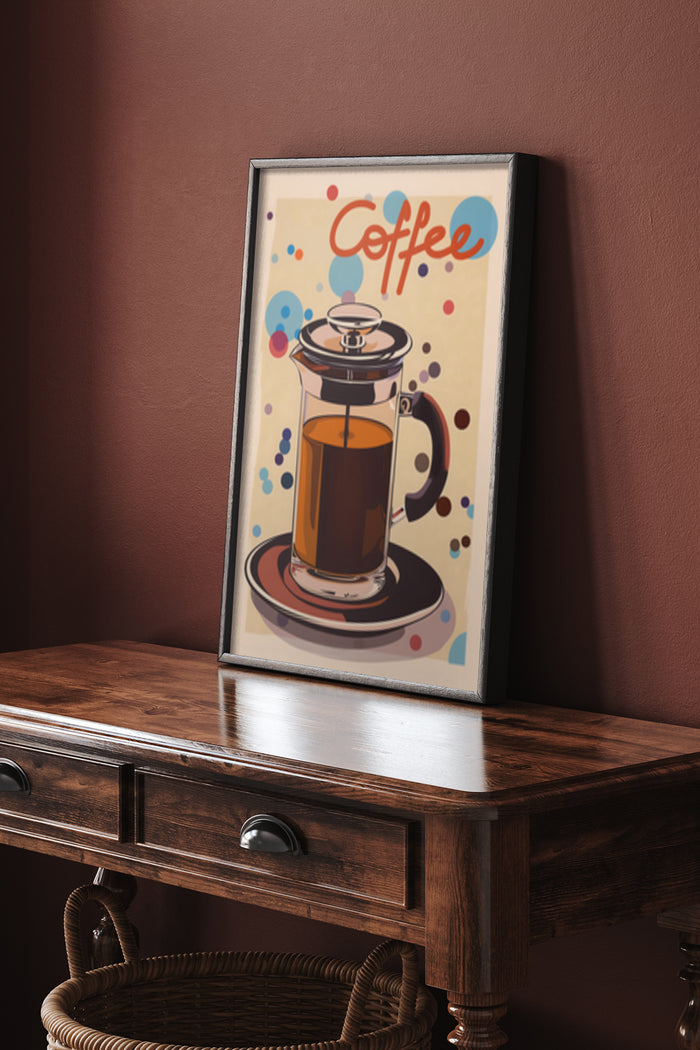 Vintage framed coffee poster featuring a French press and colorful circles in a stylish kitchen decor