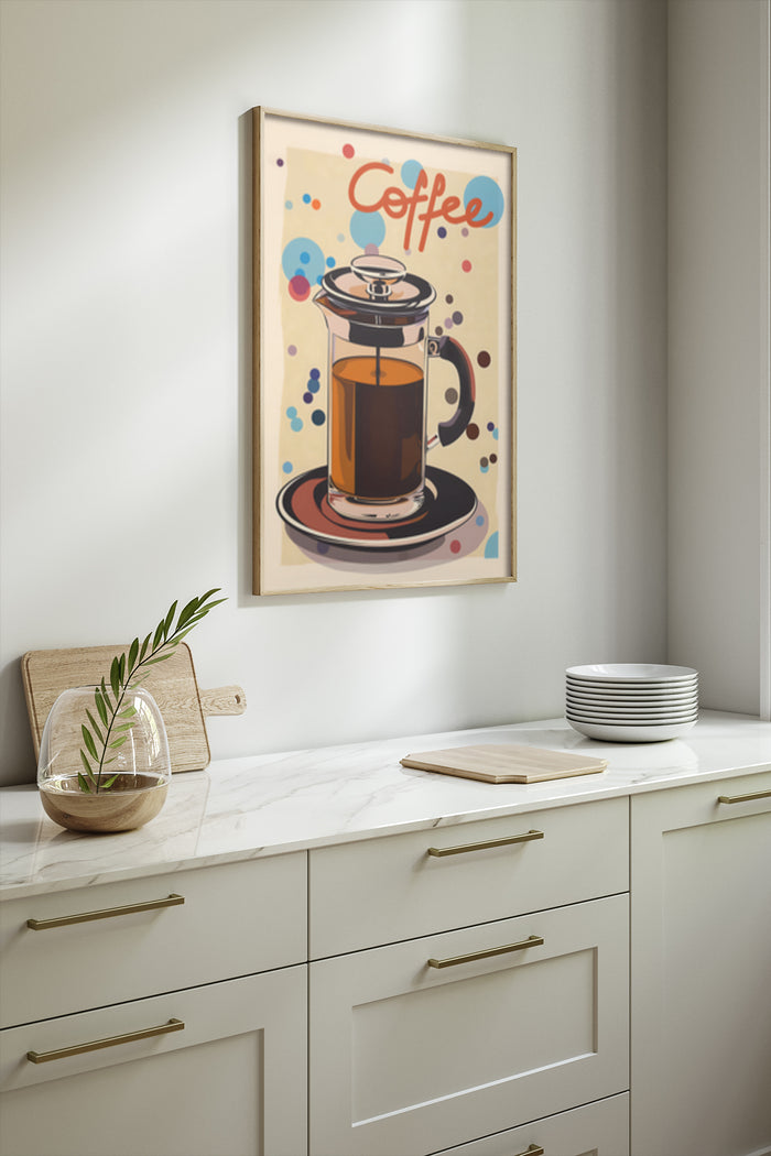 Vintage coffee poster featuring a French press and colorful bubbles on kitchen wall