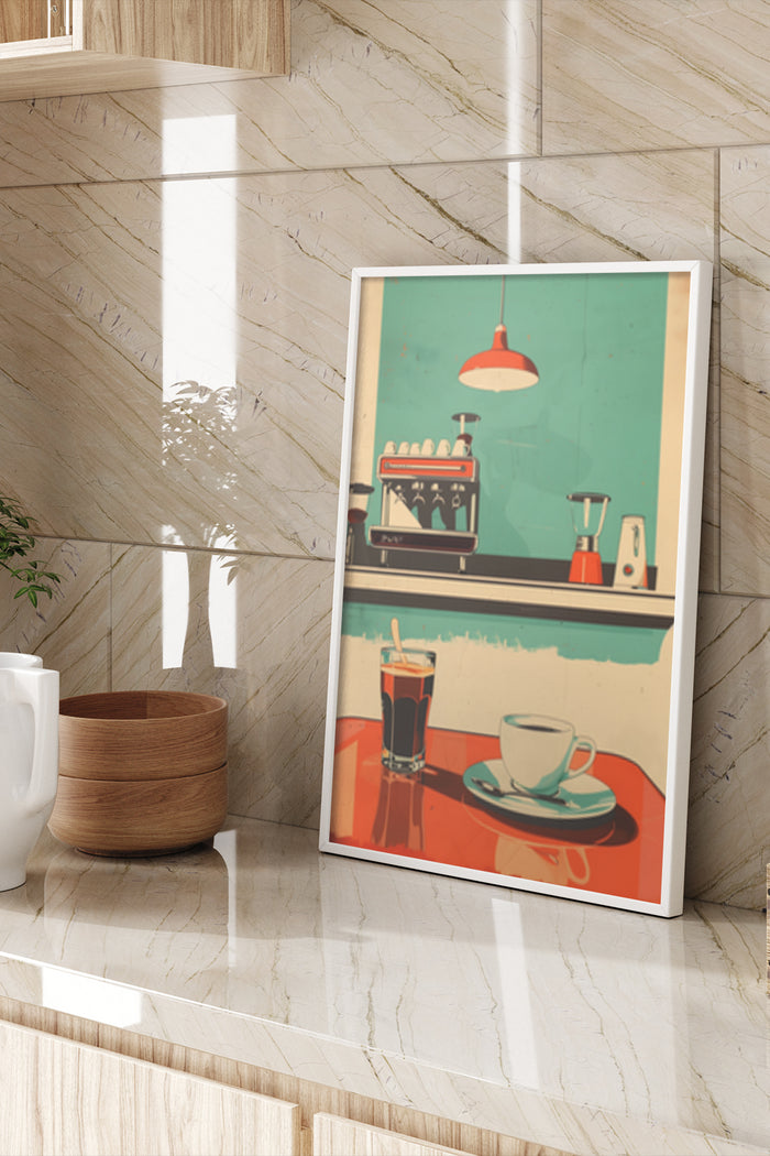 Retro style coffee maker and cup poster framed in a contemporary kitchen setting