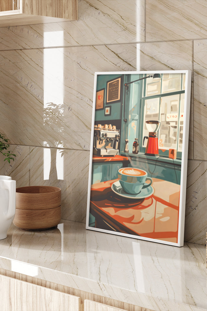 Stylized vintage coffee shop interior poster placed in a modern room setting