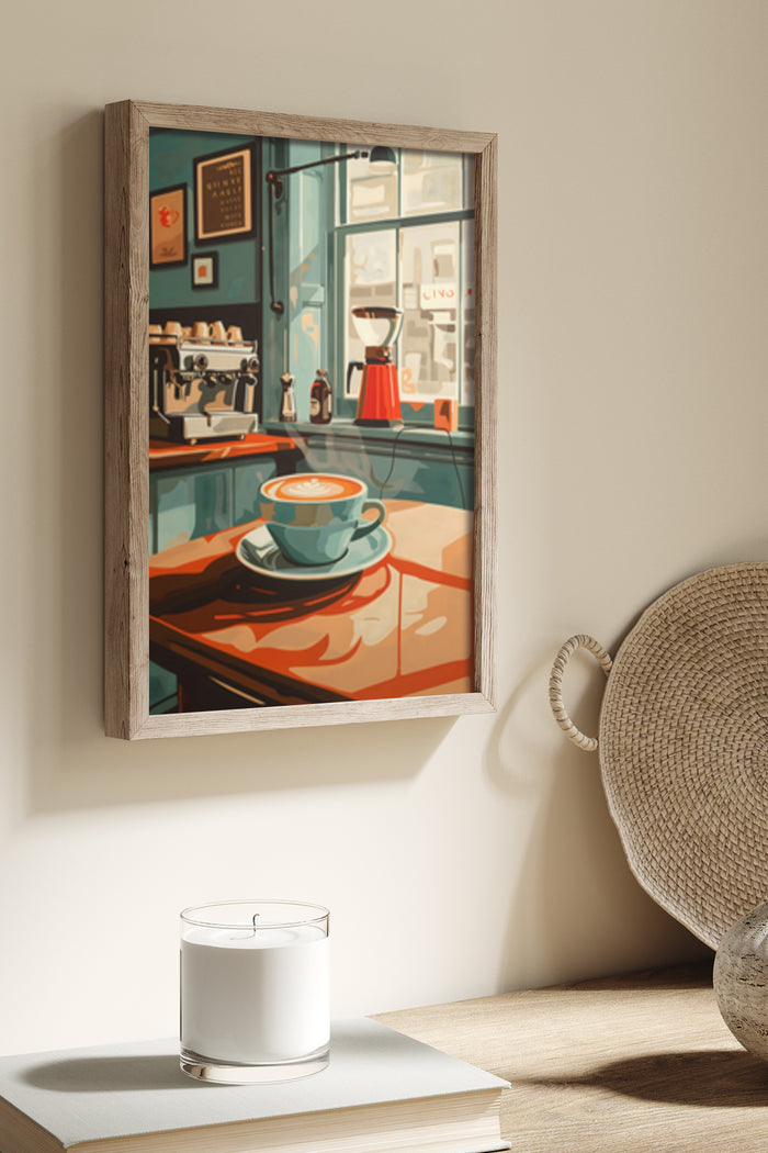 Framed vintage style coffee shop poster in interior setting with a latte art cup on table