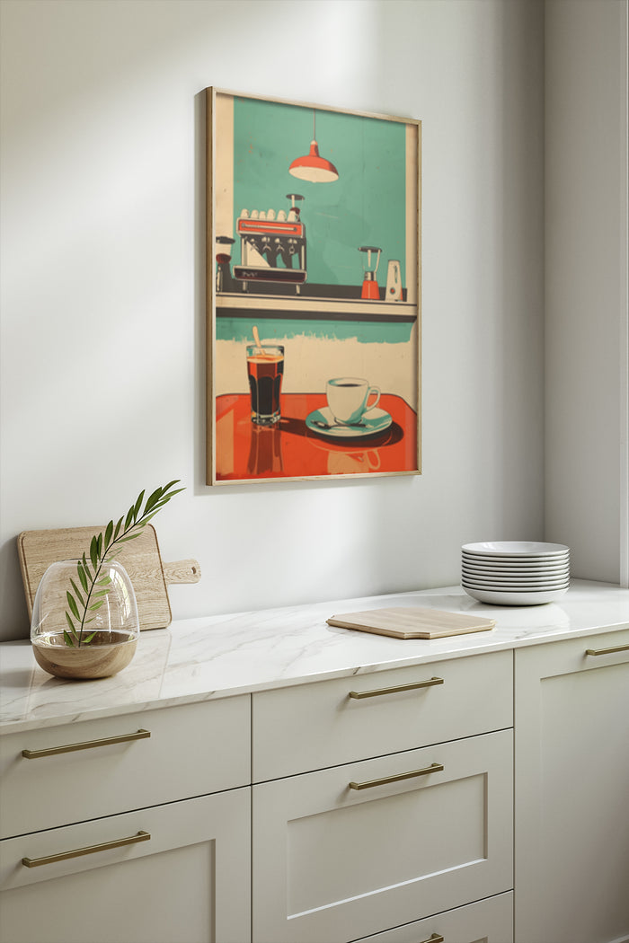 Vintage style framed poster of a coffee shop with espresso machine and cups displayed in a modern kitchen
