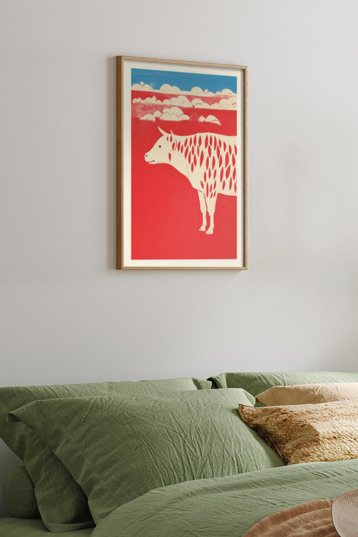 Vintage style cow poster with a red background hanging above a green bedspread in a cozy bedroom setting