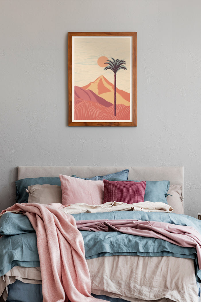 Vintage desert landscape with palm tree poster above bed in cozy bedroom interior