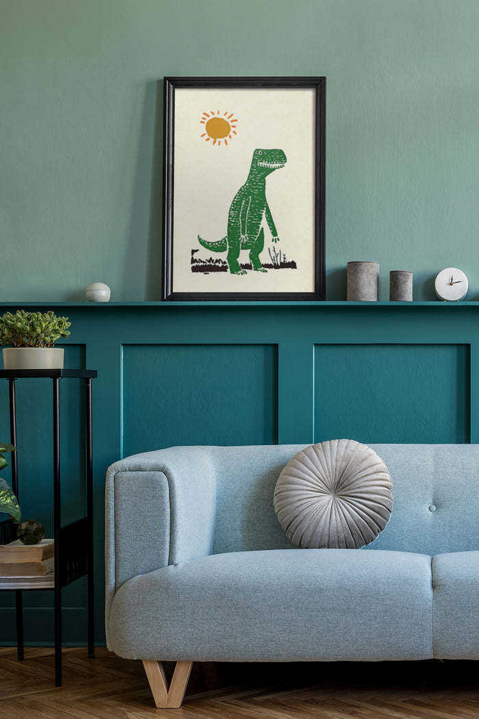 Vintage style dinosaur silhouette poster with sun illustration hanging in modern living room