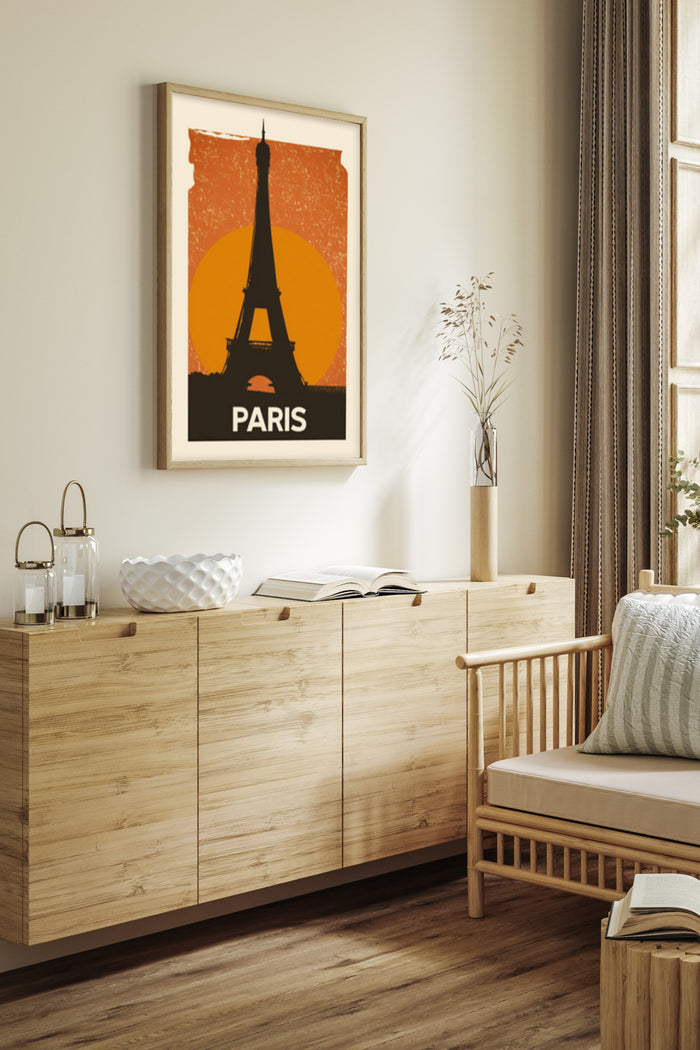 Vintage style Eiffel Tower and Paris poster in modern home interior