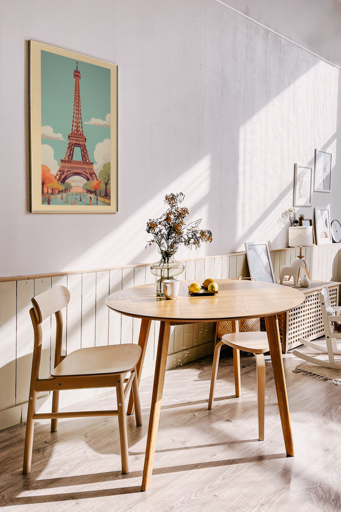 Vintage style Eiffel Tower poster in a modern dining room interior