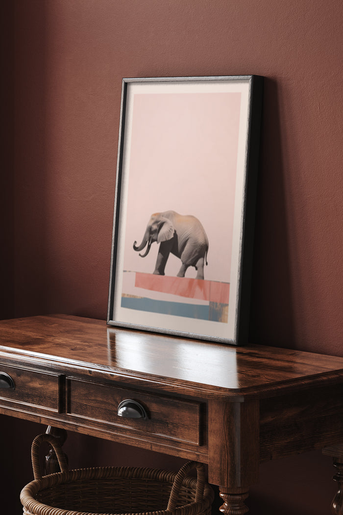Vintage style elephant illustration in framed poster on wooden console table