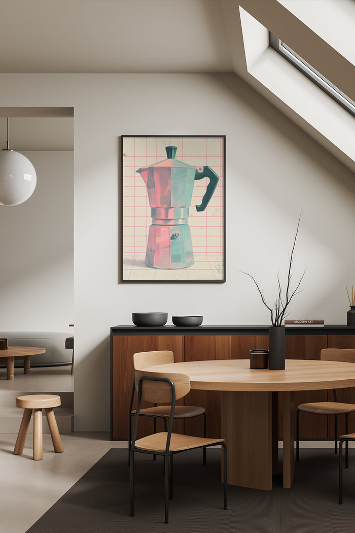 Vintage espresso maker poster featured on a wall in a contemporary dining room setting