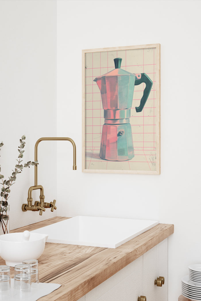 Vintage Espresso Maker Poster Art in Stylish Kitchen Setting