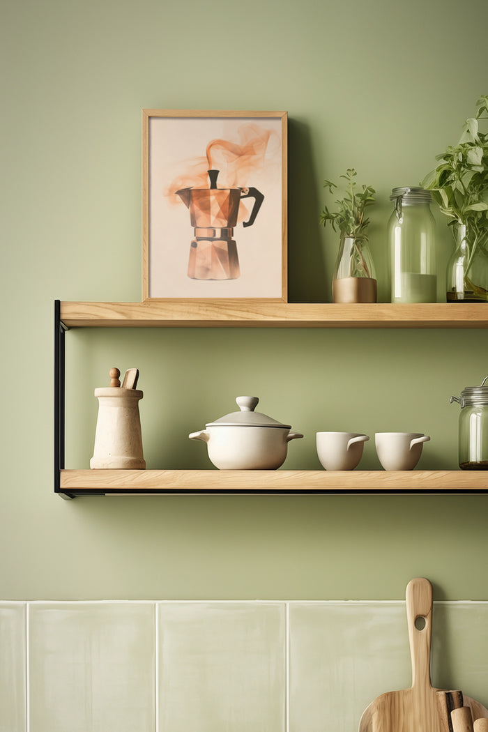 Vintage espresso maker poster framed on kitchen shelf with decorative plants and ceramic dinnerware